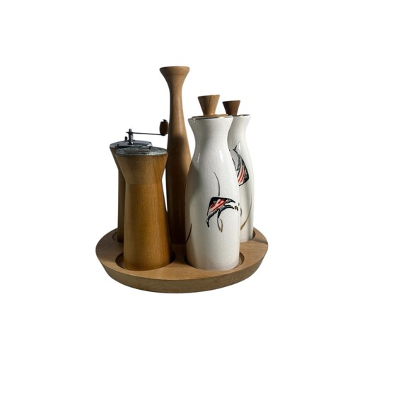 VTG Woodpecker Wood Ware Condiment Caddy Angel Fish Cruet Set 60s MCM Rare *READ - Picture 14 of 15